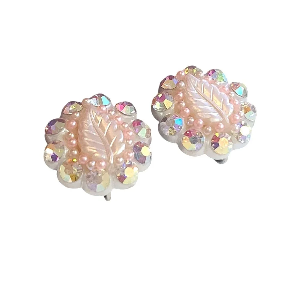 Vintage AB Rhinestone Shimmer Pink Leaf Clip On Earrings